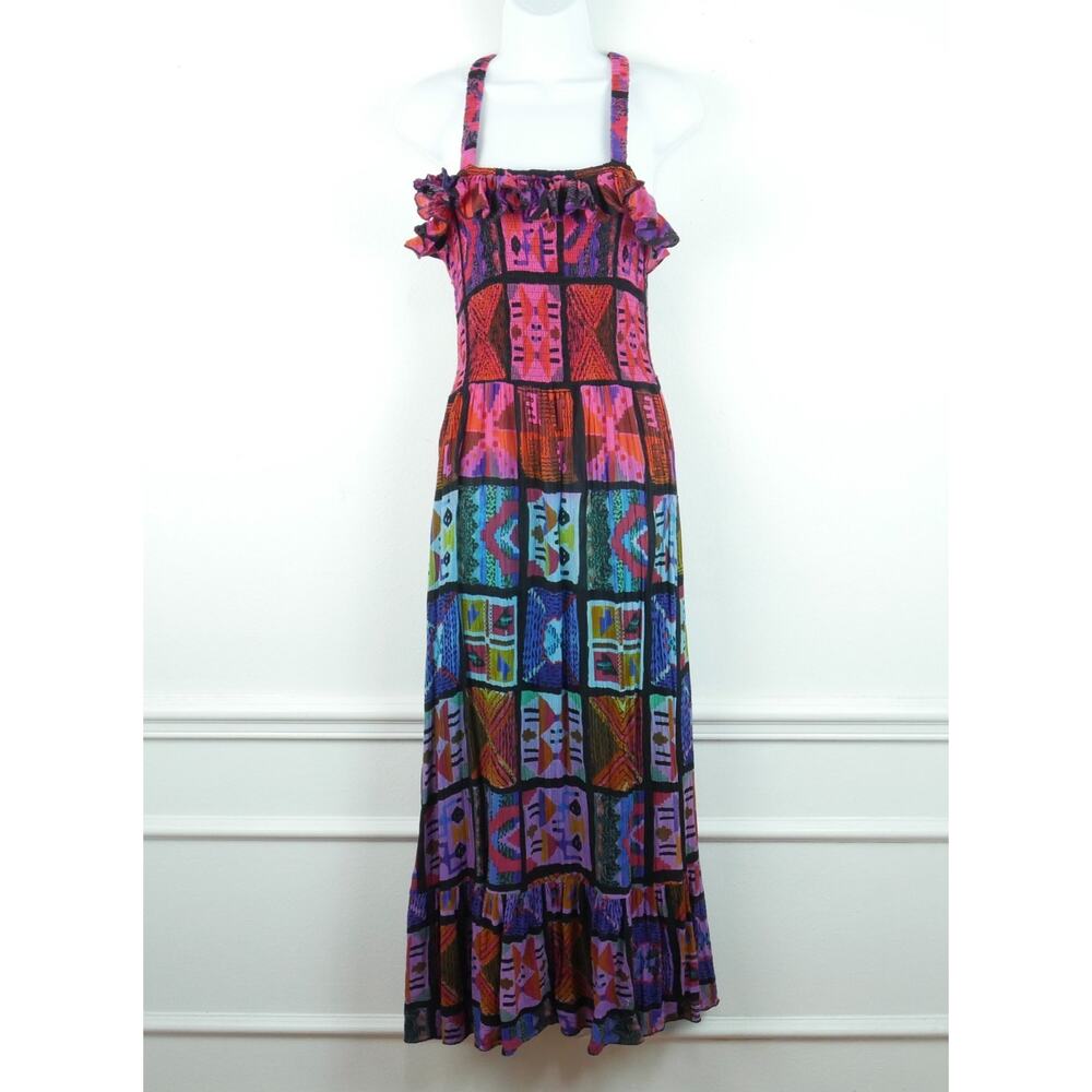 Pyramid Collection Maxi Dress Small Multicolor Smocked Boho Festival Hippie